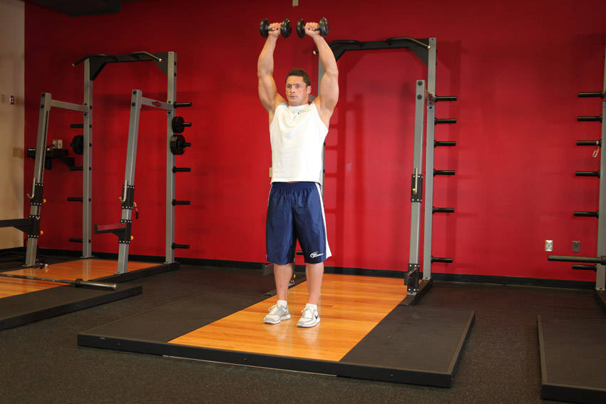 Standing Dumbbell Straight-Arm Front Delt Raise Above Head